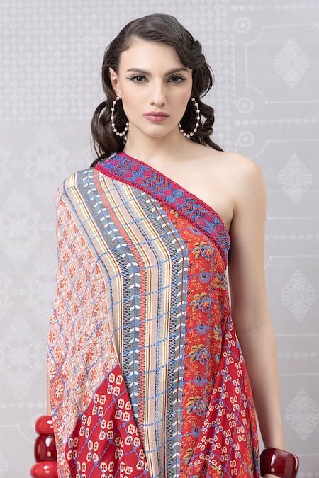 Niki Mahajan_Red Crepe Handblock Printed Vintage Floral One-shoulder Draped Dress _at_Aza_Fashions