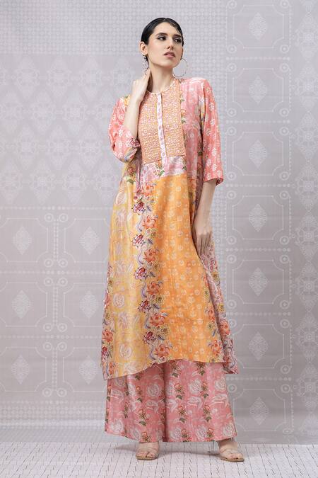 Niki Mahajan_Orange Crepe Handblock Printed Vintage Floral Embroidered Yoke Kurta With Pant _Online_at_Aza_Fashions