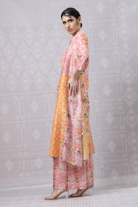 Shop_Niki Mahajan_Orange Crepe Handblock Printed Vintage Floral Embroidered Yoke Kurta With Pant _Online_at_Aza_Fashions