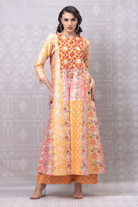 Niki Mahajan Orange Crepe Handblock Printed Vintage Beads Embroidered A-line Kurta With Pant 