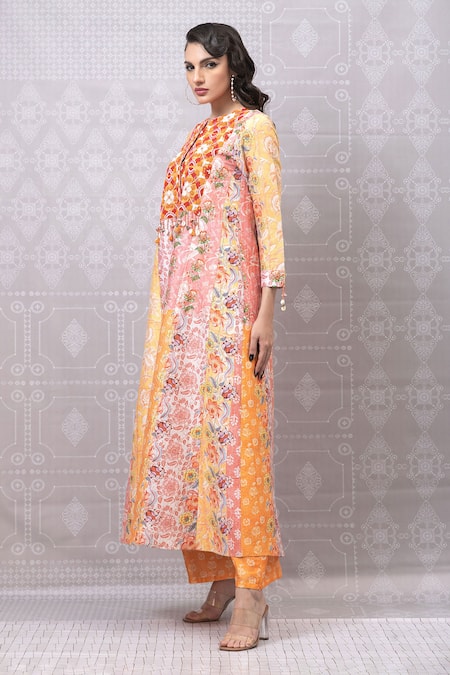 Niki Mahajan_Orange Crepe Beads, Embroidery Round Neck A-line Kurta With Pant _Online_at_Aza_Fashions