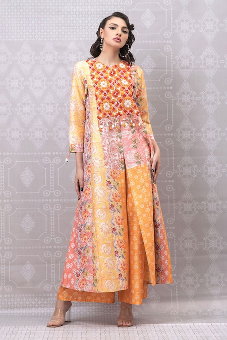Buy_Niki Mahajan_Orange Crepe Beads, Embroidery Round Neck A-line Kurta With Pant _Online_at_Aza_Fashions