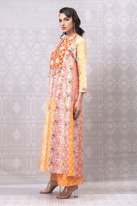 Shop_Niki Mahajan_Orange Crepe Beads, Embroidery Round Neck A-line Kurta With Pant _Online_at_Aza_Fashions
