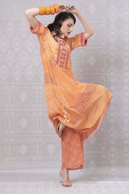 Niki Mahajan_Orange Crepe Beads, Tassels, Embroidery Abstract Handblock Print Kurta With Pant _Online_at_Aza_Fashions