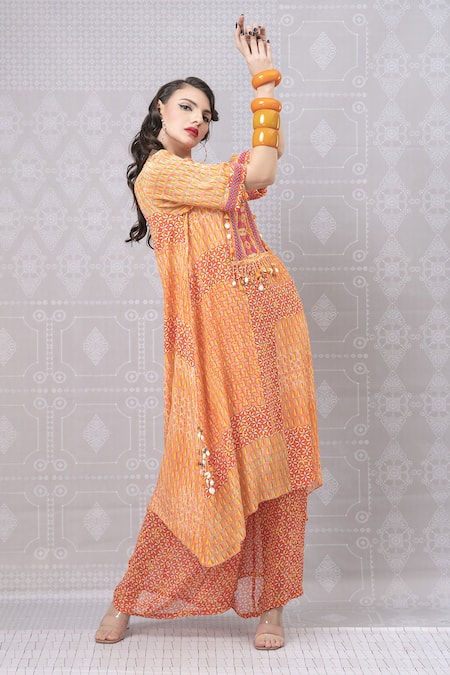Buy_Niki Mahajan_Orange Crepe Beads, Tassels, Embroidery Abstract Handblock Print Kurta With Pant _Online_at_Aza_Fashions