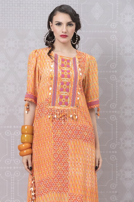 Shop_Niki Mahajan_Orange Crepe Beads, Tassels, Embroidery Abstract Handblock Print Kurta With Pant _Online_at_Aza_Fashions