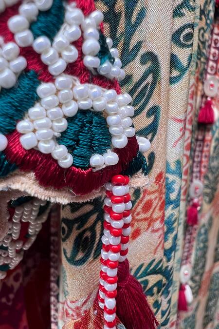 Buy_Niki Mahajan_Beige Crepe Handblock Printed Paisley Round Floral Kurta With Pant 