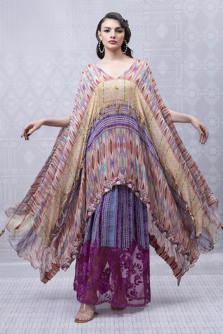 Niki Mahajan Vintage Trible Print Cape With Skirt 