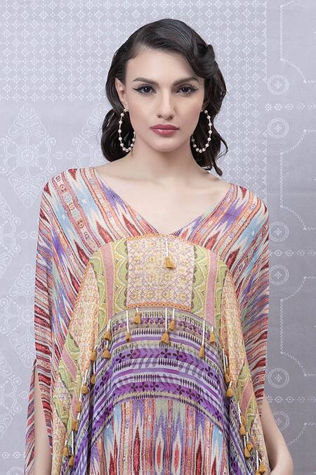 Niki Mahajan_Orange Crepe Vintage Trible Print Cape With Skirt _Online_at_Aza_Fashions