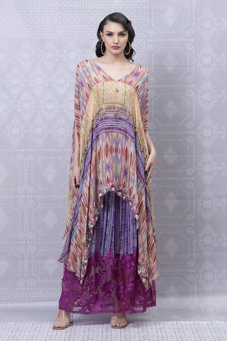 Buy_Niki Mahajan_Orange Crepe Vintage Trible Print Cape With Skirt _Online_at_Aza_Fashions