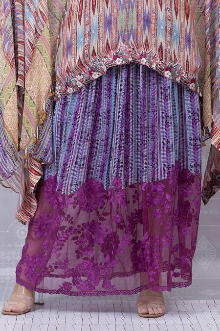 Shop_Niki Mahajan_Orange Crepe Vintage Trible Print Cape With Skirt _Online_at_Aza_Fashions