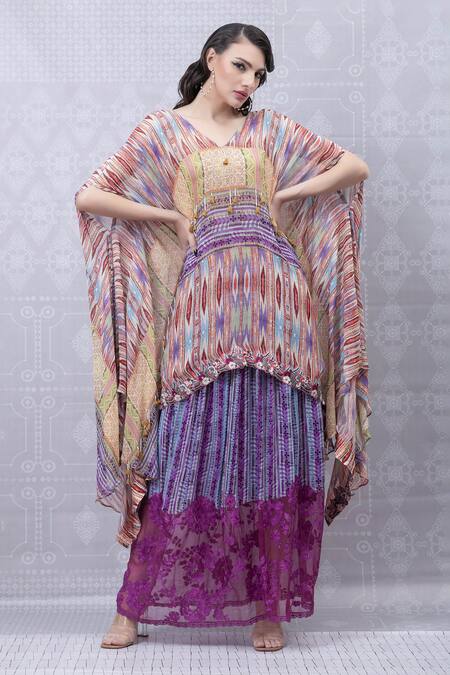 Niki Mahajan_Orange Crepe Vintage Trible Print Cape With Skirt _at_Aza_Fashions