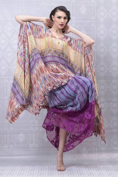 Buy_Niki Mahajan_Orange Crepe Vintage Trible Print Cape With Skirt 