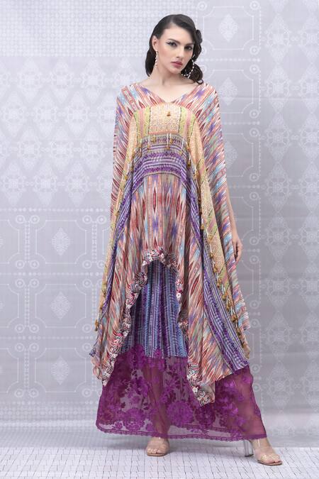 Shop_Niki Mahajan_Orange Crepe Vintage Trible Print Cape With Skirt 