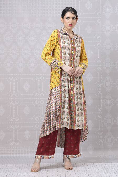 Niki Mahajan_Yellow Crepe Handblock Printed Vintage Floral Collar Wildflower Kurta With Pant _Online_at_Aza_Fashions