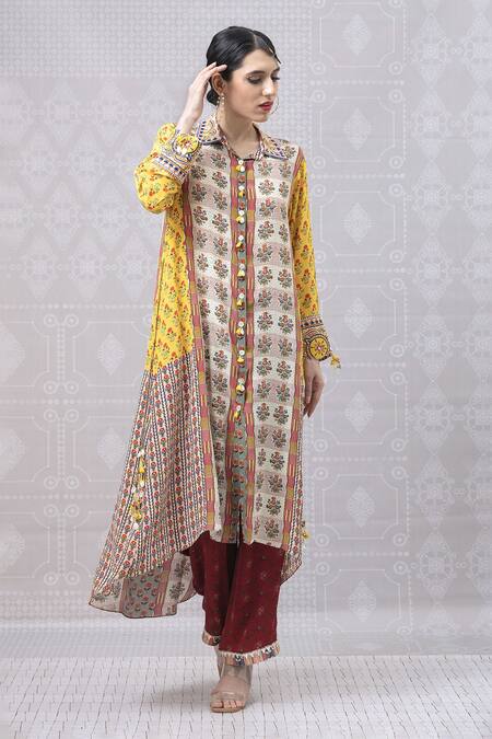 Buy_Niki Mahajan_Yellow Crepe Handblock Printed Vintage Floral Collar Wildflower Kurta With Pant _Online_at_Aza_Fashions