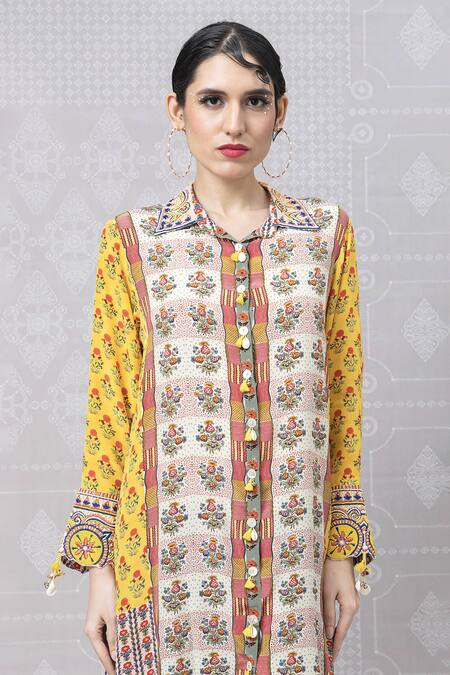 Shop_Niki Mahajan_Yellow Crepe Handblock Printed Vintage Floral Collar Wildflower Kurta With Pant _Online_at_Aza_Fashions