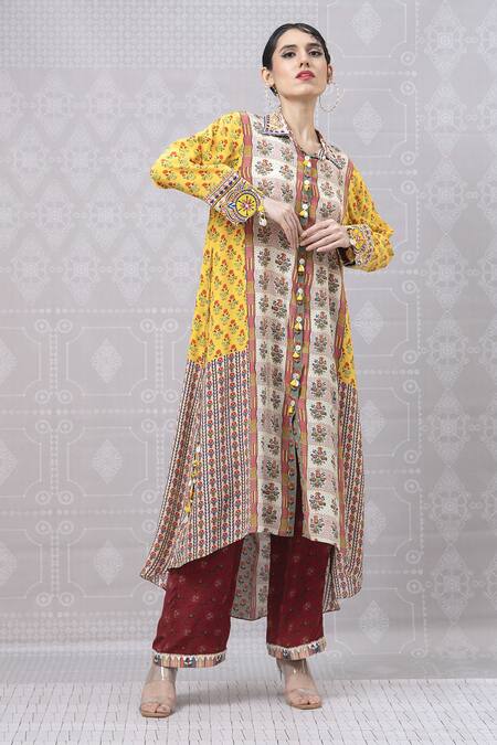 Niki Mahajan_Yellow Crepe Handblock Printed Vintage Floral Collar Wildflower Kurta With Pant _at_Aza_Fashions