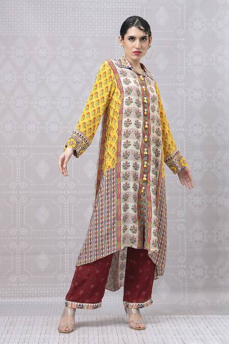 Buy_Niki Mahajan_Yellow Crepe Handblock Printed Vintage Floral Collar Wildflower Kurta With Pant 
