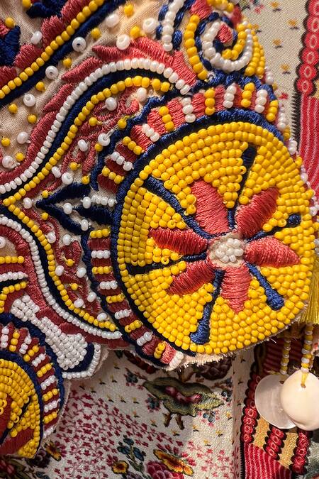 Shop_Niki Mahajan_Yellow Crepe Handblock Printed Vintage Floral Collar Wildflower Kurta With Pant 