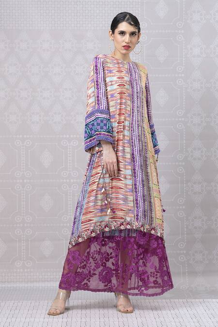 Niki Mahajan_Orange Crepe Beads, Lace Round Neck Vintage Trible Print Kurta With Skirt _Online_at_Aza_Fashions