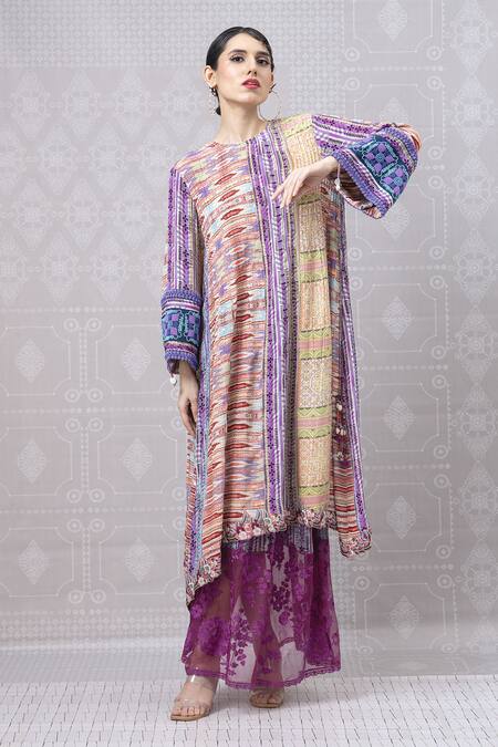 Buy_Niki Mahajan_Orange Crepe Beads, Lace Round Neck Vintage Trible Print Kurta With Skirt _Online_at_Aza_Fashions