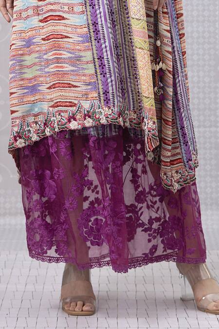 Shop_Niki Mahajan_Orange Crepe Beads, Lace Round Neck Vintage Trible Print Kurta With Skirt _Online_at_Aza_Fashions