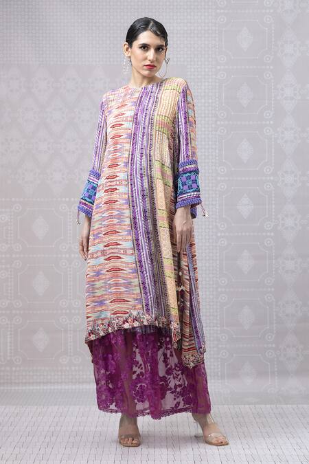 Niki Mahajan_Orange Crepe Beads, Lace Round Neck Vintage Trible Print Kurta With Skirt _at_Aza_Fashions