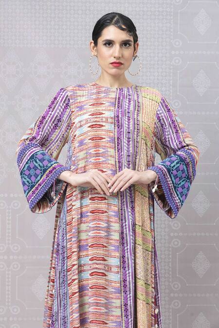 Buy_Niki Mahajan_Orange Crepe Beads, Lace Round Neck Vintage Trible Print Kurta With Skirt 