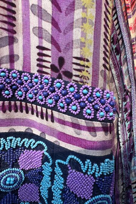 Shop_Niki Mahajan_Orange Crepe Beads, Lace Round Neck Vintage Trible Print Kurta With Skirt 