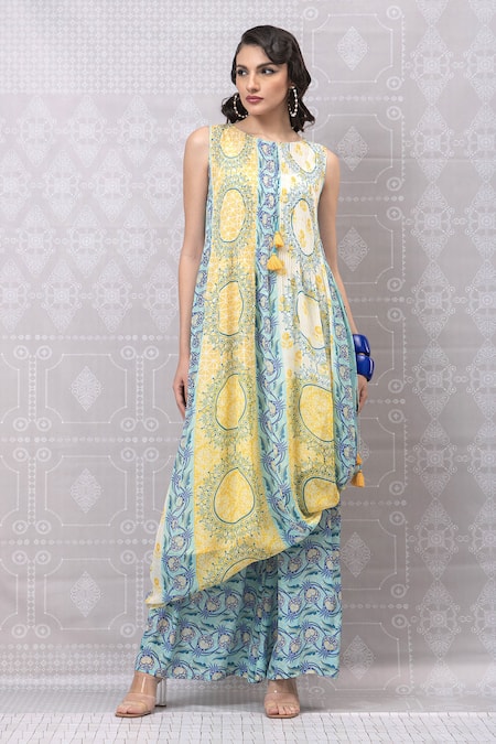 Niki Mahajan Yellow Crepe Handblock Printed Vintage Floral Round Geometric Kurta With Skirt 