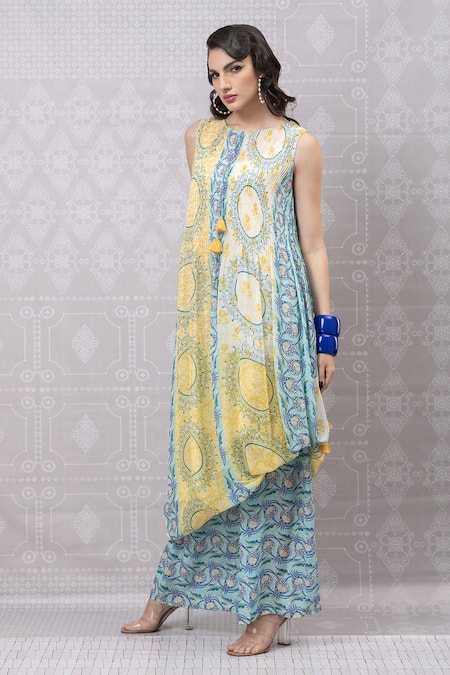 Buy_Niki Mahajan_Yellow Crepe Handblock Printed Vintage Floral Round Geometric Kurta With Skirt _Online_at_Aza_Fashions