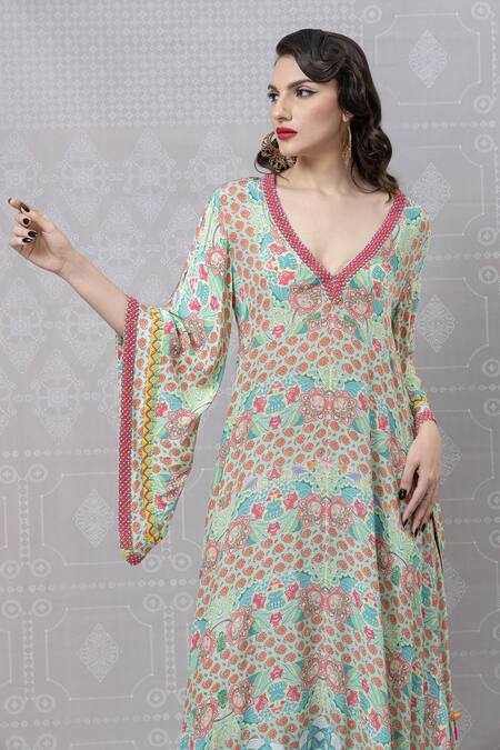 Shop_Niki Mahajan_Blue Crepe Handblock Printed Vintage Floral Plunge-v Paisley Kurta With Pant _Online_at_Aza_Fashions