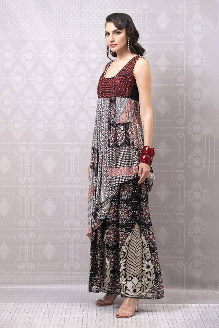 Buy_Niki Mahajan_Maroon Crepe Beads, Embroidery Round Geometric Floral Print Kurta With Skirt _Online_at_Aza_Fashions