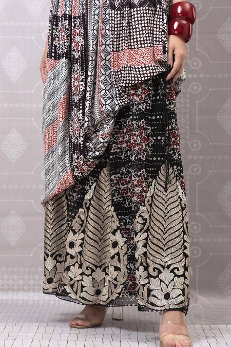 Shop_Niki Mahajan_Maroon Crepe Beads, Embroidery Round Geometric Floral Print Kurta With Skirt _Online_at_Aza_Fashions