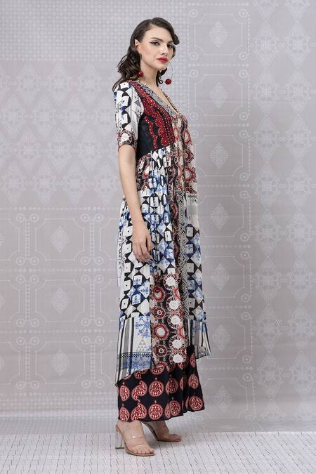 Shop_Niki Mahajan_Maroon Crepe Beads V-neck Abstract Geometric Print Kurta With Skirt _Online_at_Aza_Fashions