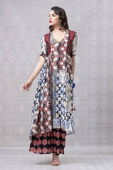 Niki Mahajan_Maroon Crepe Beads V-neck Abstract Geometric Print Kurta With Skirt _at_Aza_Fashions