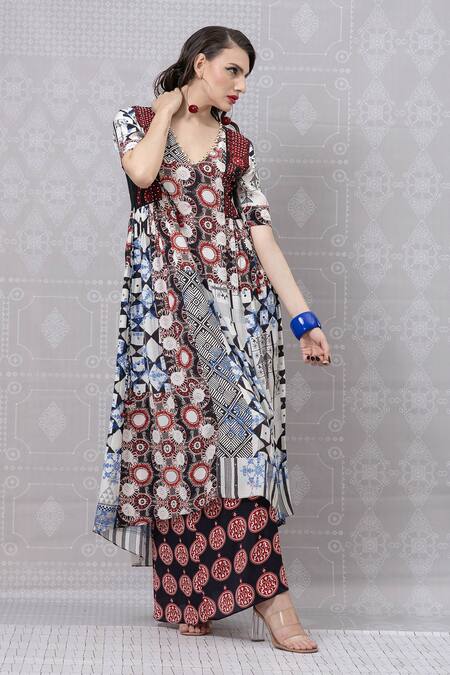 Buy_Niki Mahajan_Maroon Crepe Beads V-neck Abstract Geometric Print Kurta With Skirt 