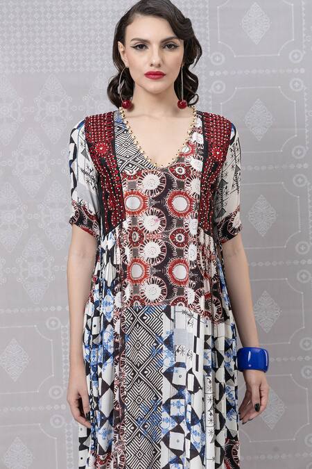 Shop_Niki Mahajan_Maroon Crepe Beads V-neck Abstract Geometric Print Kurta With Skirt 