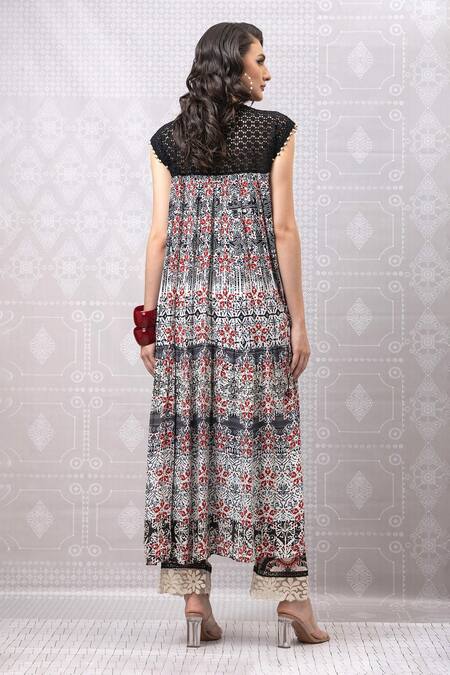 Shop_Niki Mahajan_Maroon Crepe Beads, Embroidery Plunge Neck Traditional Print Kurta With Pant _Online_at_Aza_Fashions