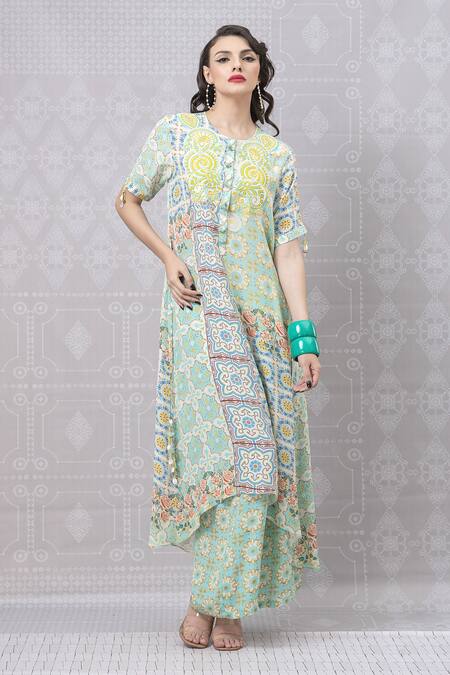 Niki Mahajan_Blue Chanderi Pearls, Sequins, Embroidery Vintage Hand Block Kurta With Pant _Online_at_Aza_Fashions