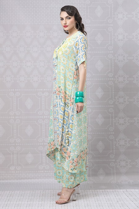 Buy_Niki Mahajan_Blue Chanderi Pearls, Sequins, Embroidery Vintage Hand Block Kurta With Pant _Online_at_Aza_Fashions