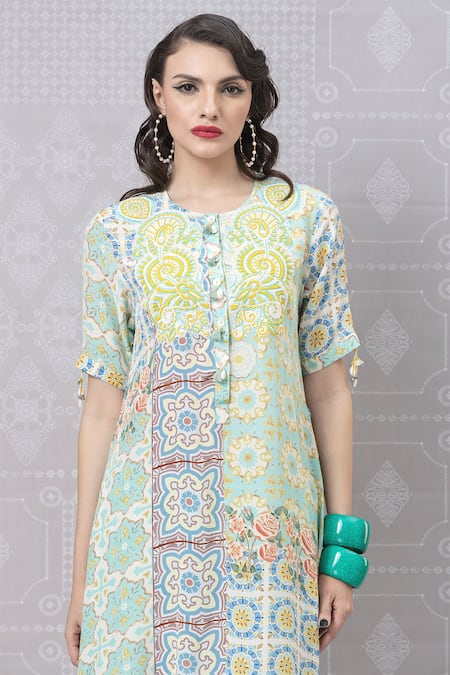 Shop_Niki Mahajan_Blue Chanderi Pearls, Sequins, Embroidery Vintage Hand Block Kurta With Pant _Online_at_Aza_Fashions