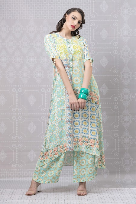 Niki Mahajan_Blue Chanderi Pearls, Sequins, Embroidery Vintage Hand Block Kurta With Pant _at_Aza_Fashions