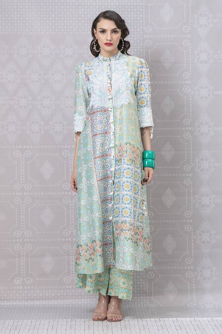 Niki Mahajan_Blue Crepe Pearls, Sequins Bandeau Neck Vintage Hand Block Print Kurta With Pant _Online_at_Aza_Fashions