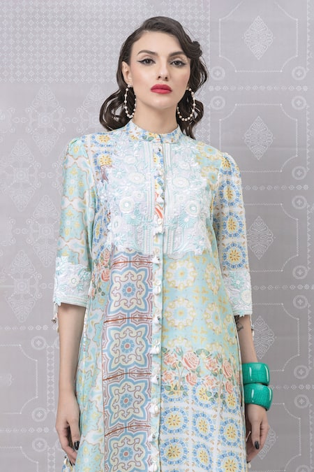 Shop_Niki Mahajan_Blue Crepe Pearls, Sequins Bandeau Neck Vintage Hand Block Print Kurta With Pant _Online_at_Aza_Fashions