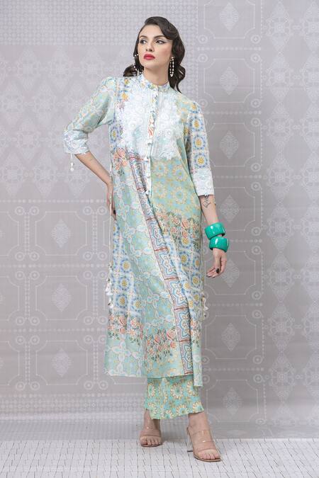 Niki Mahajan_Blue Crepe Pearls, Sequins Bandeau Neck Vintage Hand Block Print Kurta With Pant _at_Aza_Fashions