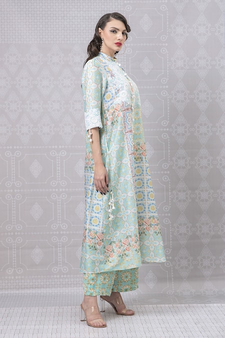 Buy_Niki Mahajan_Blue Crepe Pearls, Sequins Bandeau Neck Vintage Hand Block Print Kurta With Pant 