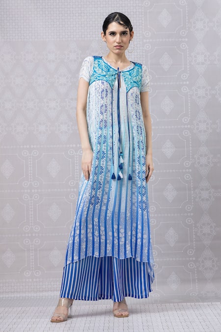 Niki Mahajan Blue Crepe Hand Block Vintage Round Print Kurta And Pant Set 