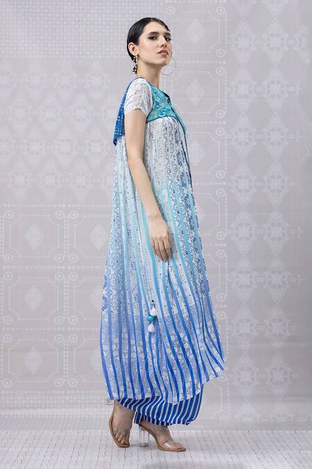 Niki Mahajan_Blue Crepe Beads, Embroidery Round Vintage Hand Block Print Kurta And Pant Set _Online_at_Aza_Fashions